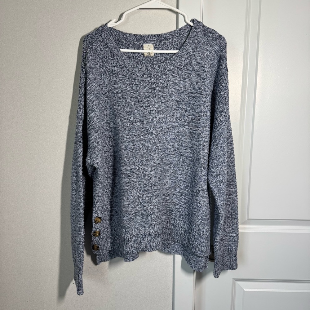 Joie Heathered Blue Ribbed Knit Sweater Size XL Winter Fall Buttons Crew Neck - Picture 1 of 9